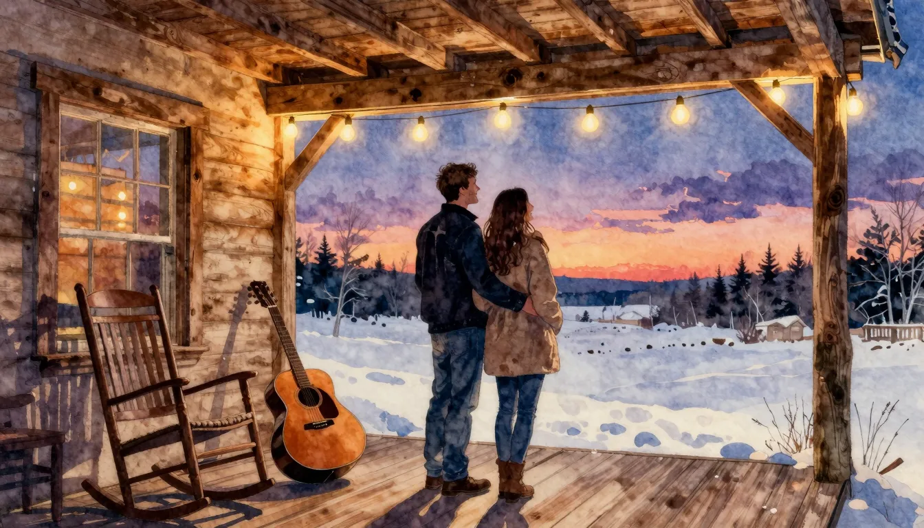 Vibrant watercolor style. Country music album cover, a cozy ...