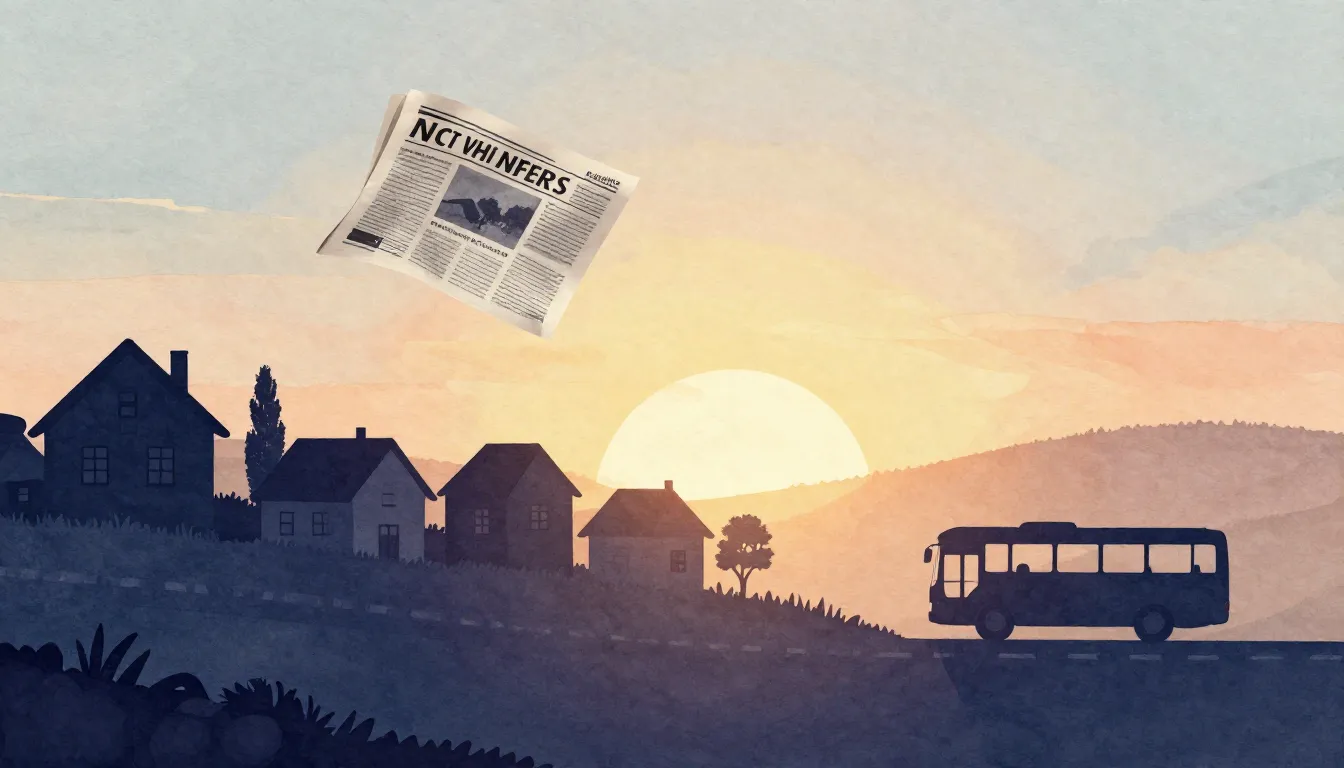 Watercolor style. Silhouette of a village landscape at sunri...