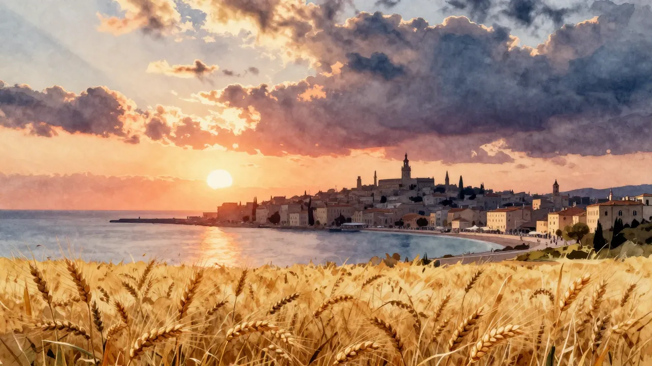 Watercolor style. Ancient city silhouette at sunset, calm se...