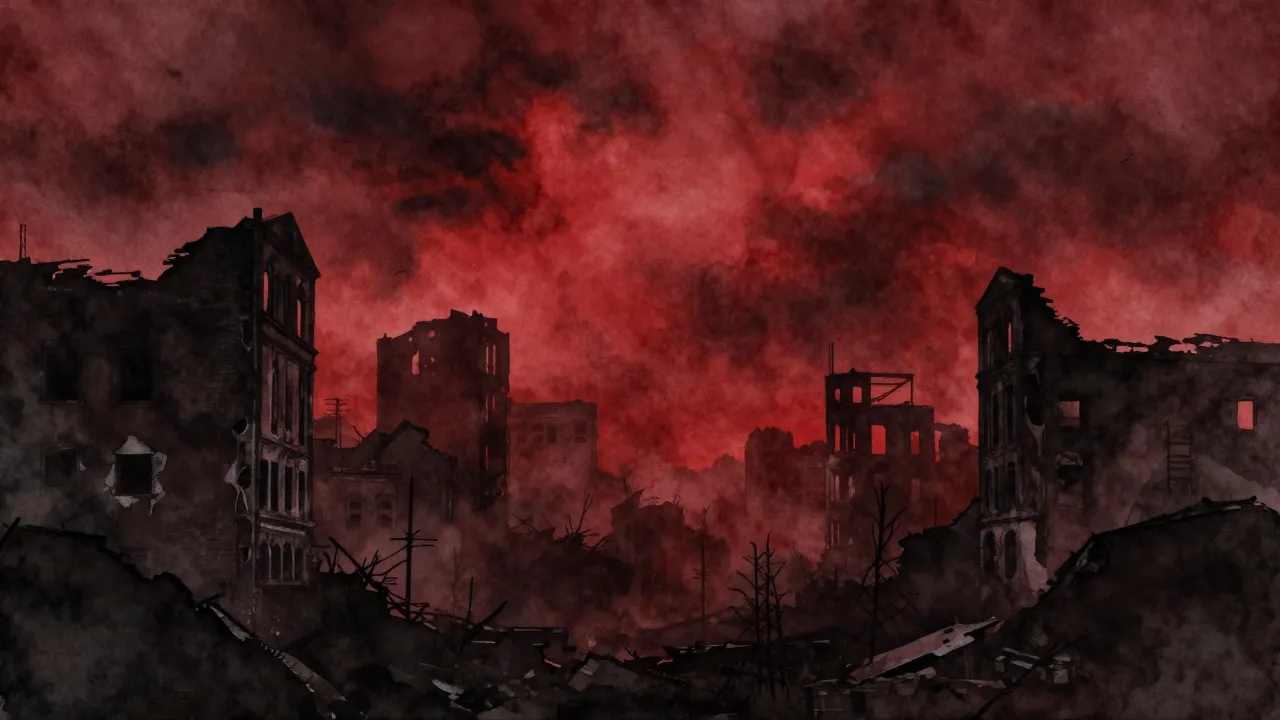 Watercolor style. Dark gloomy urban landscape, ruined buildi...