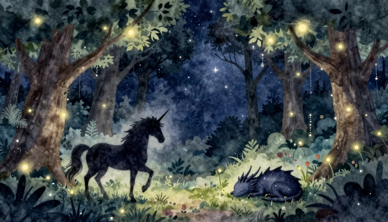 Watercolor style. Magical forest at night, glowing trees, si...
