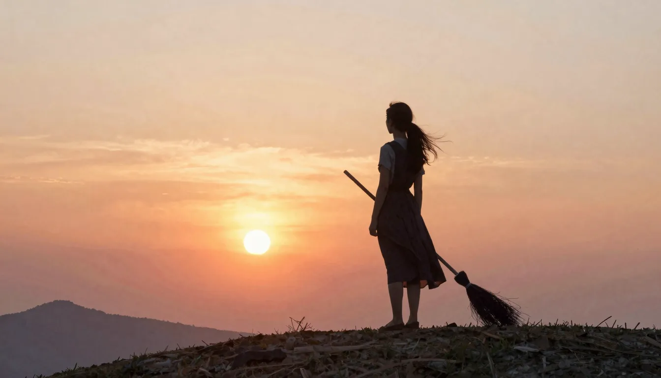 Watercolor style. A silhouette of a woman standing on a hill...
