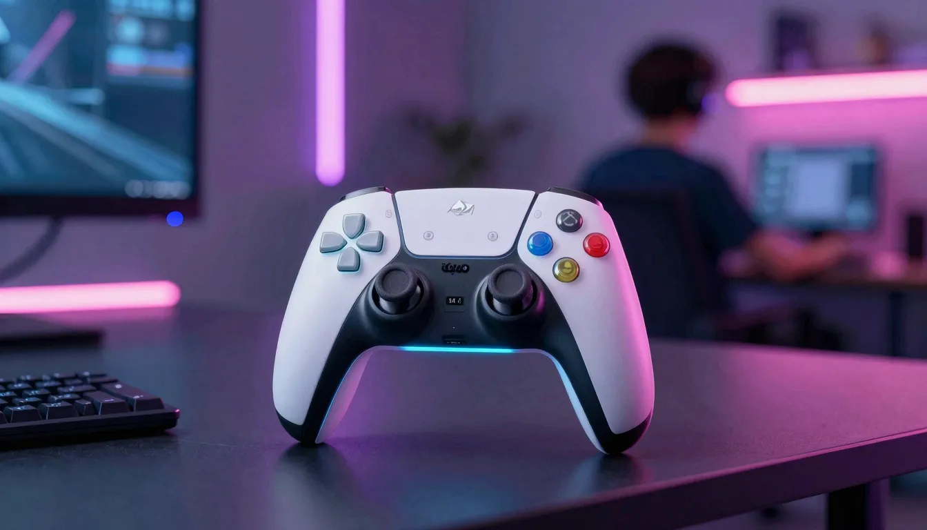 Watercolor style. A glowing gaming console controller on a d...