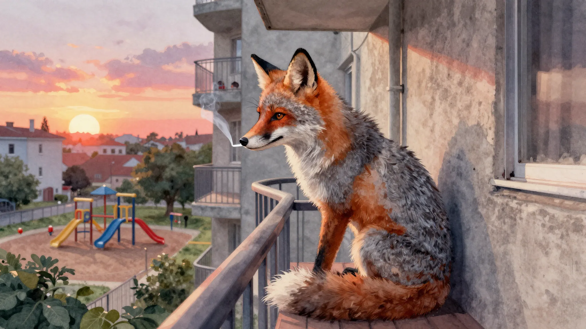 Vibrant watercolor style. An elderly anthropomorphic fox wit...