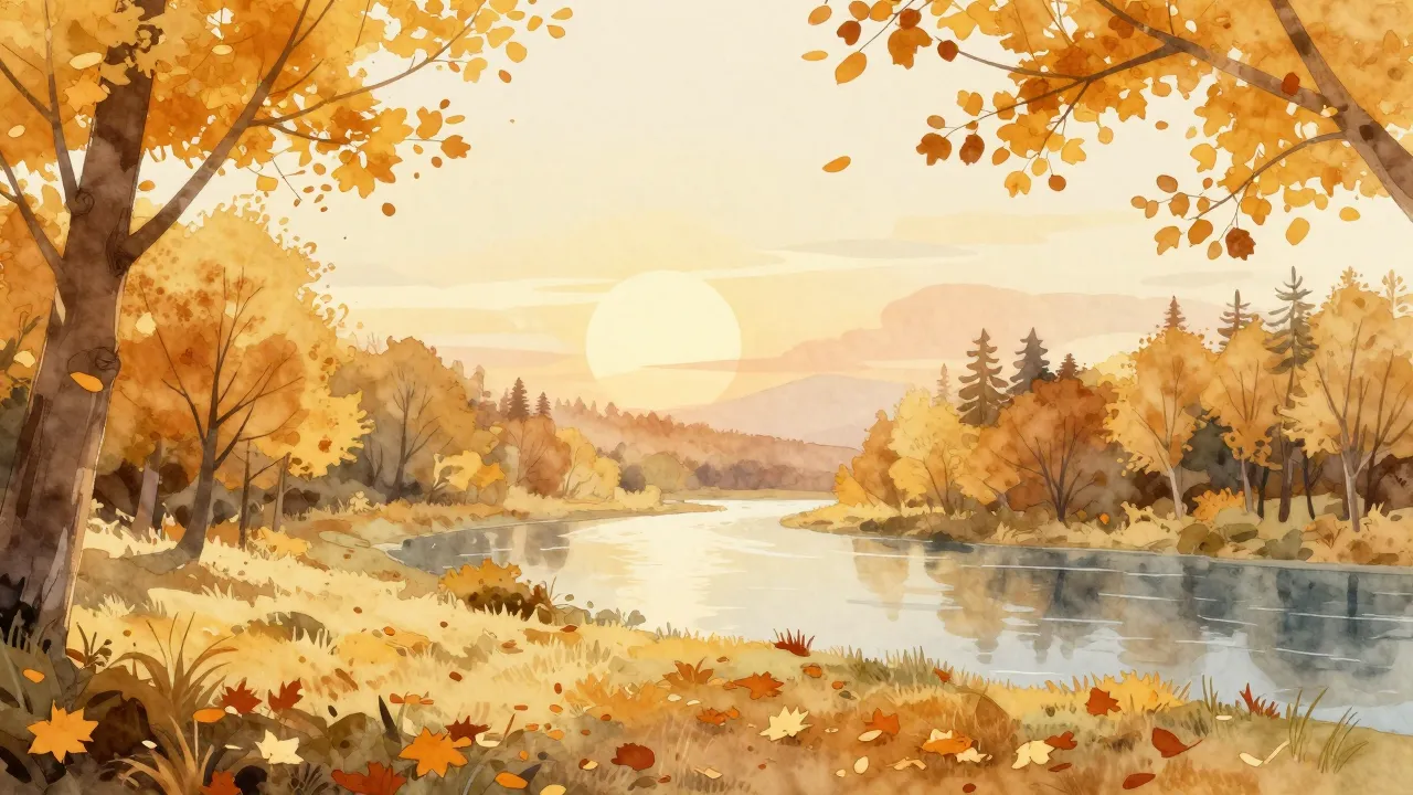 Watercolor style. A golden autumn landscape with falling lea...