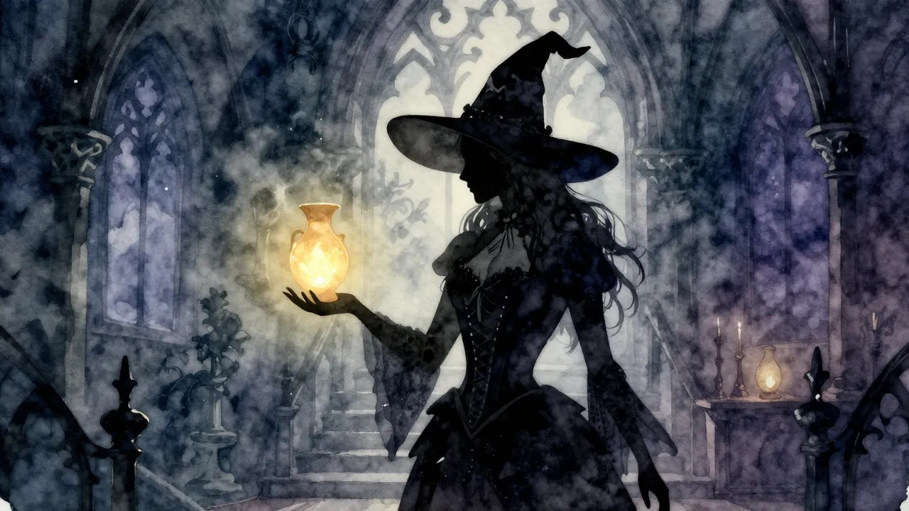 Watercolor style. A silhouette of a witch in a wide-brimmed ...