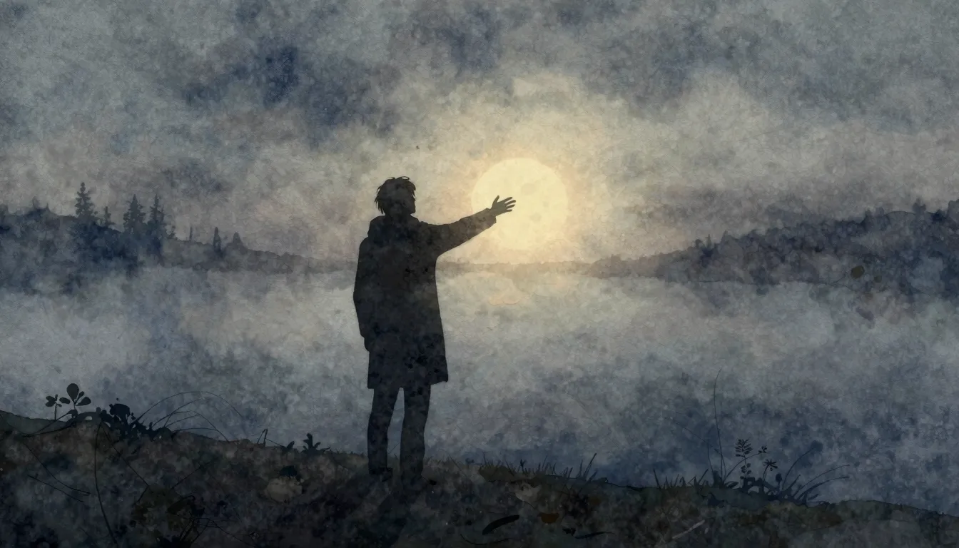 Watercolor style. A dark silhouette of a lonely figure stand...