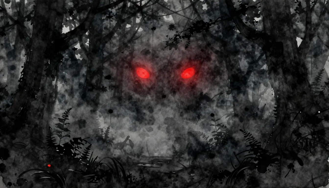 Watercolor style. Dark mystical forest silhouette, glowing r...