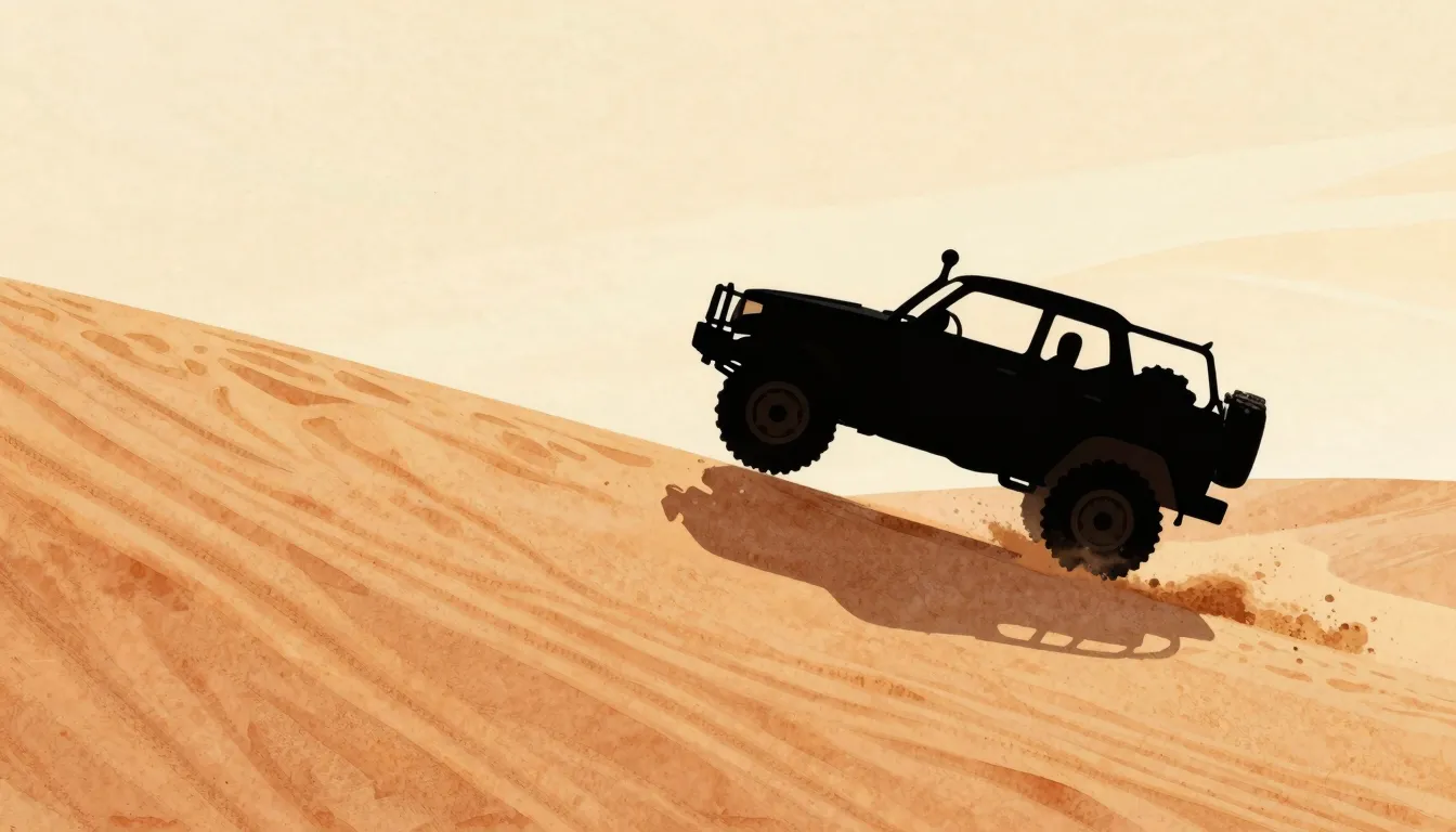 Watercolor style. Silhouette of a 4x4 off-road vehicle jumpi...