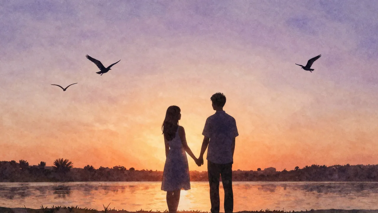 Watercolor style. Silhouette of a couple holding hands at su...