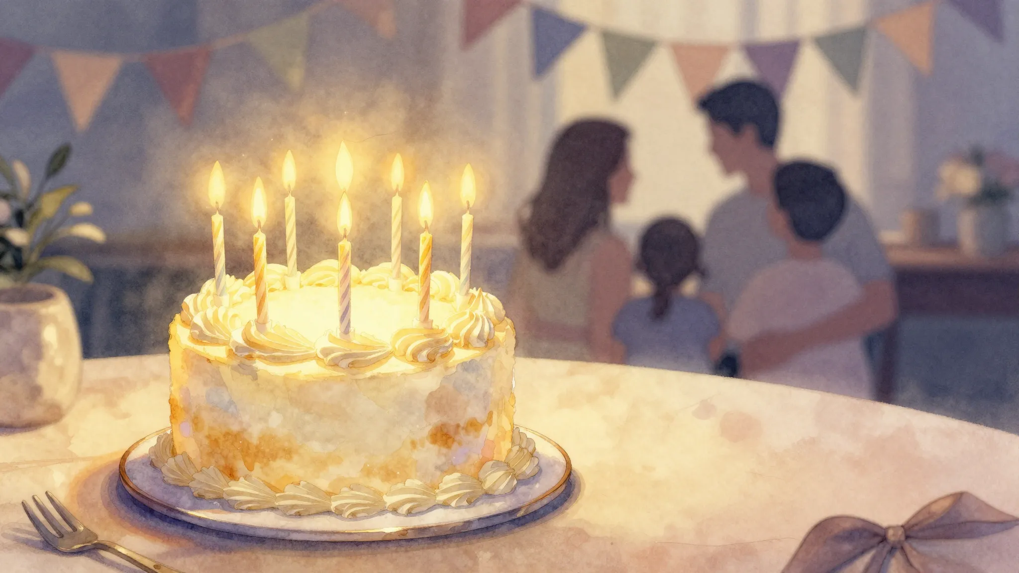 Watercolor style. A warm glowing birthday cake with candles ...