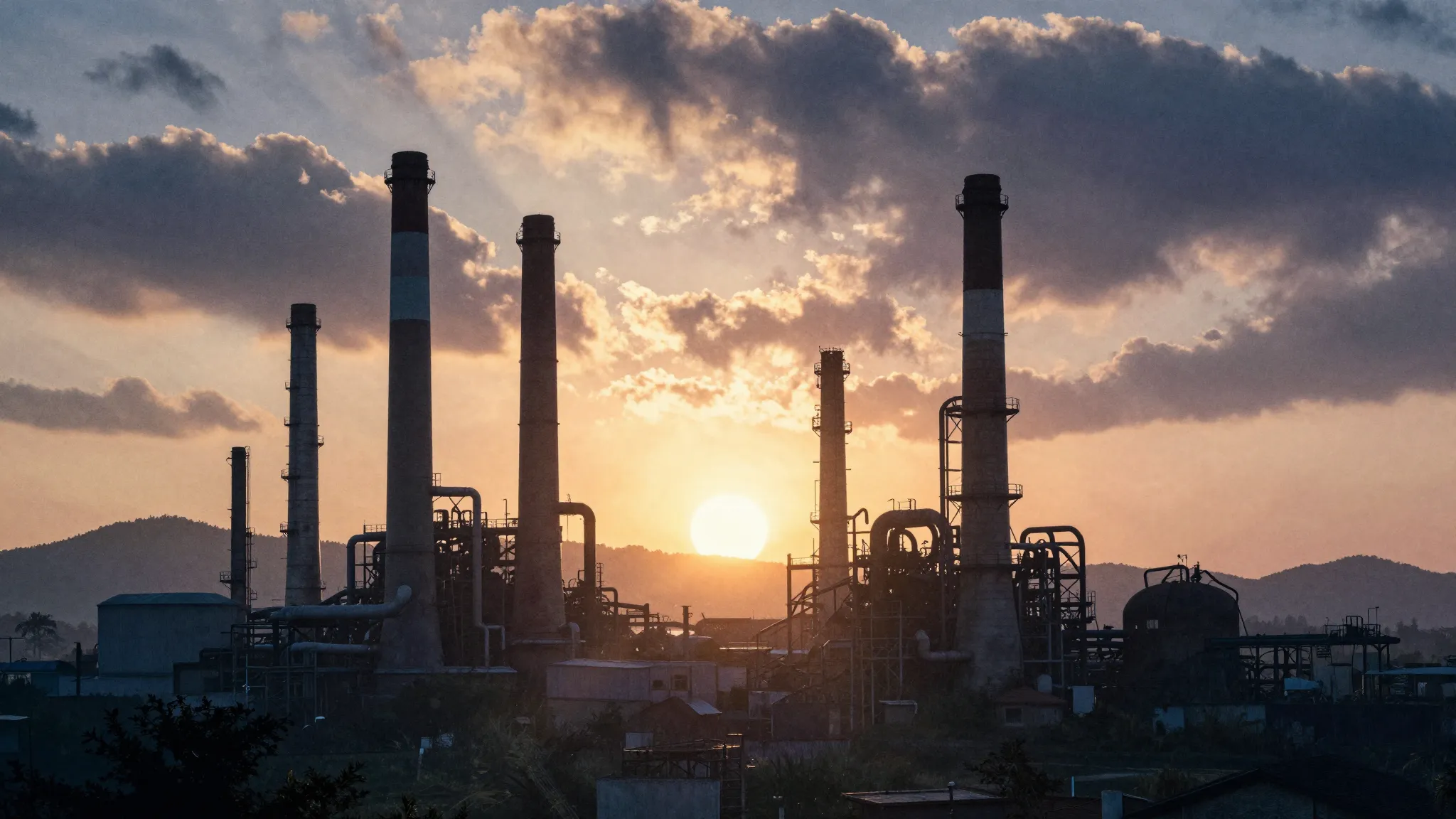 Watercolor style. Silhouette of a majestic industrial landsc...