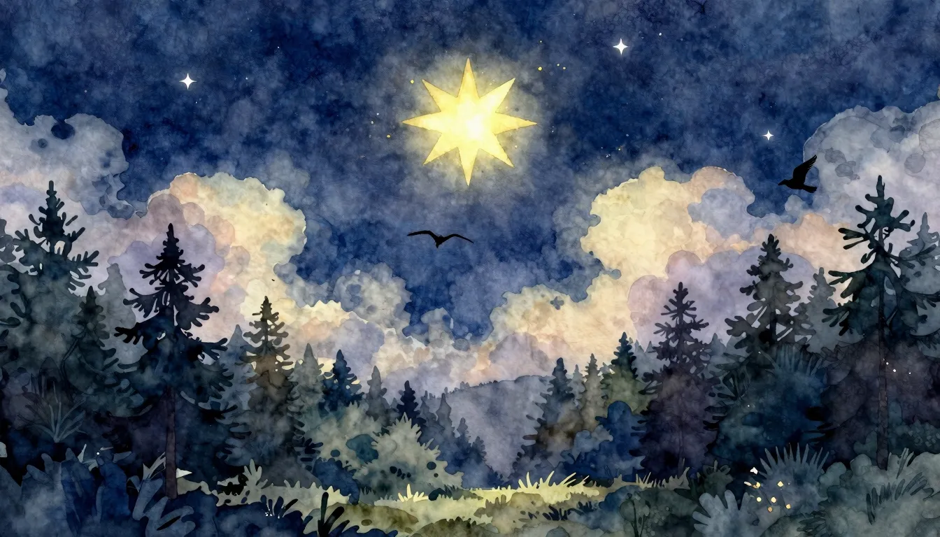 Watercolor style. A glowing star in the night sky above a qu...