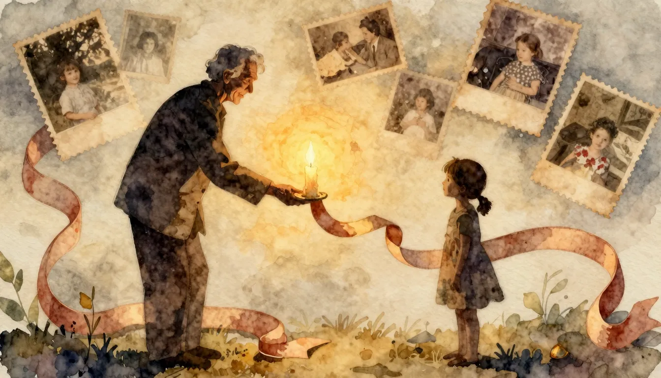 Watercolor style. A glowing candle passed from a silhouette ...