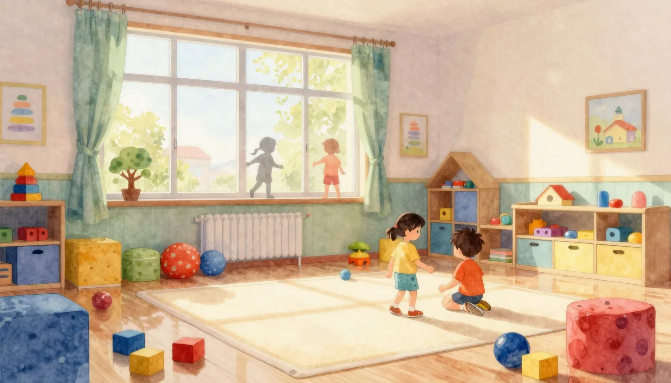 Watercolor style. A bright and colorful kindergarten playroo...