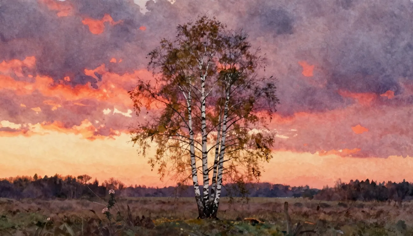 Vibrant watercolor style. A lonely white birch tree in a fie...