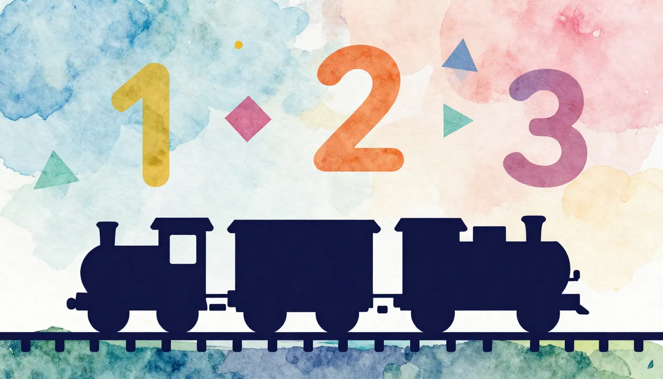 Watercolor style. Silhouette of a toy train traveling throug...