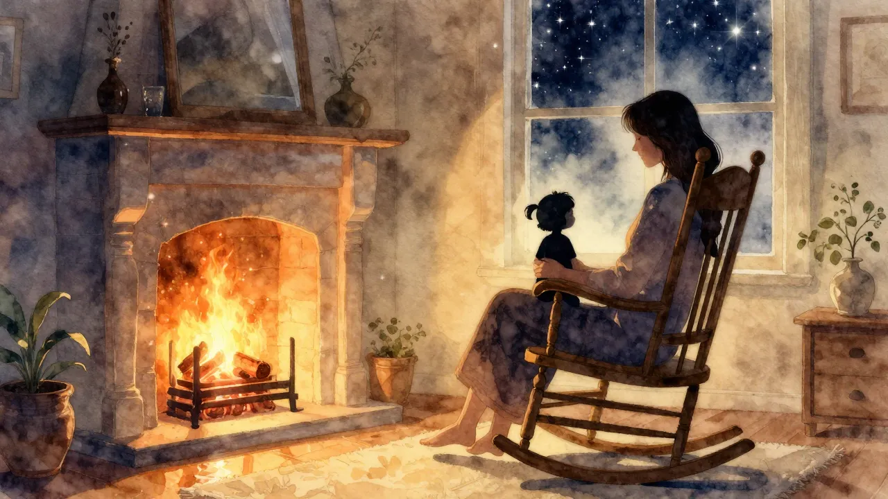 Watercolor style. A cozy room with a warm fireplace, a silho...