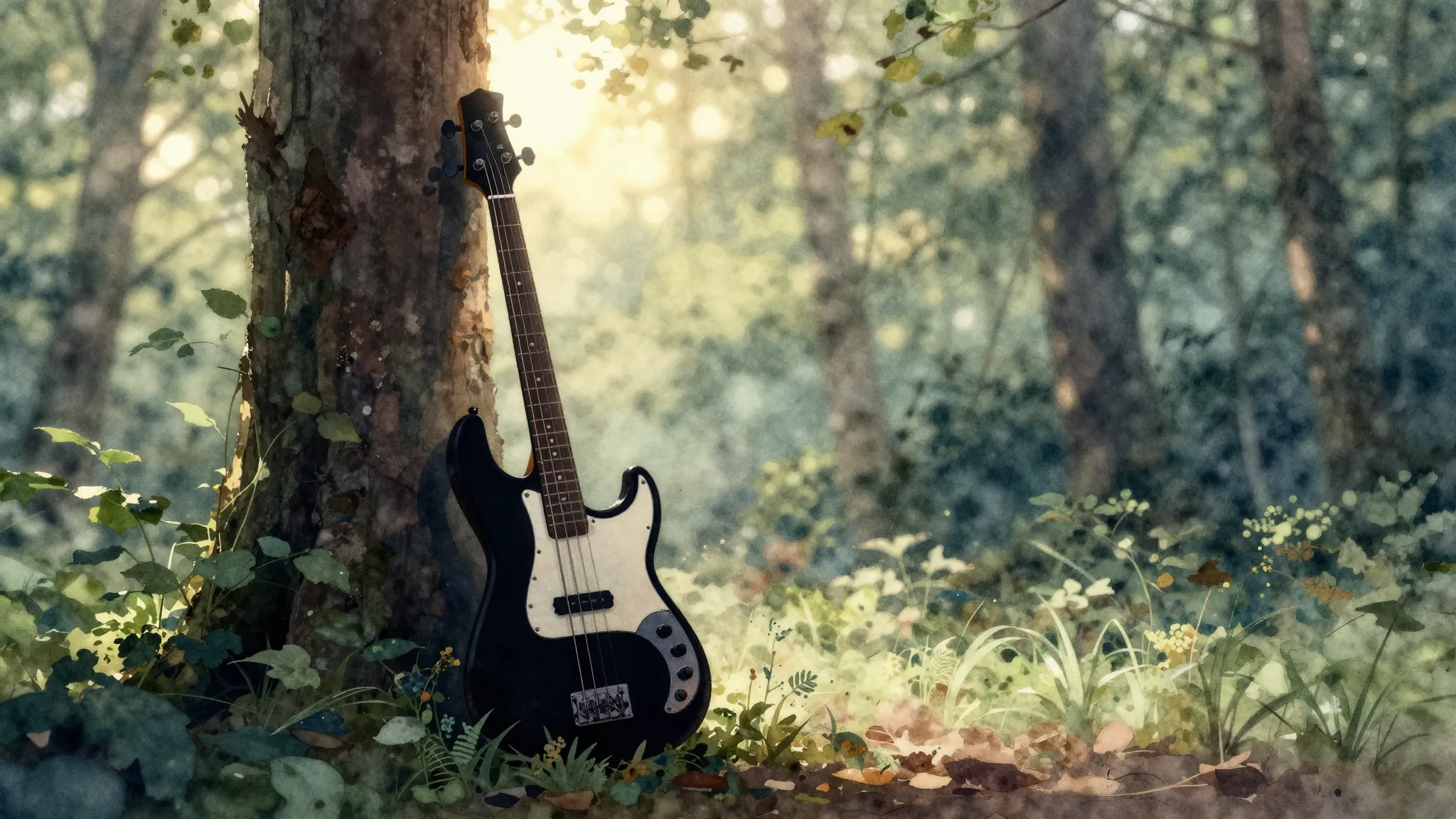 Watercolor style. Silhouette of a bass guitar leaning agains...