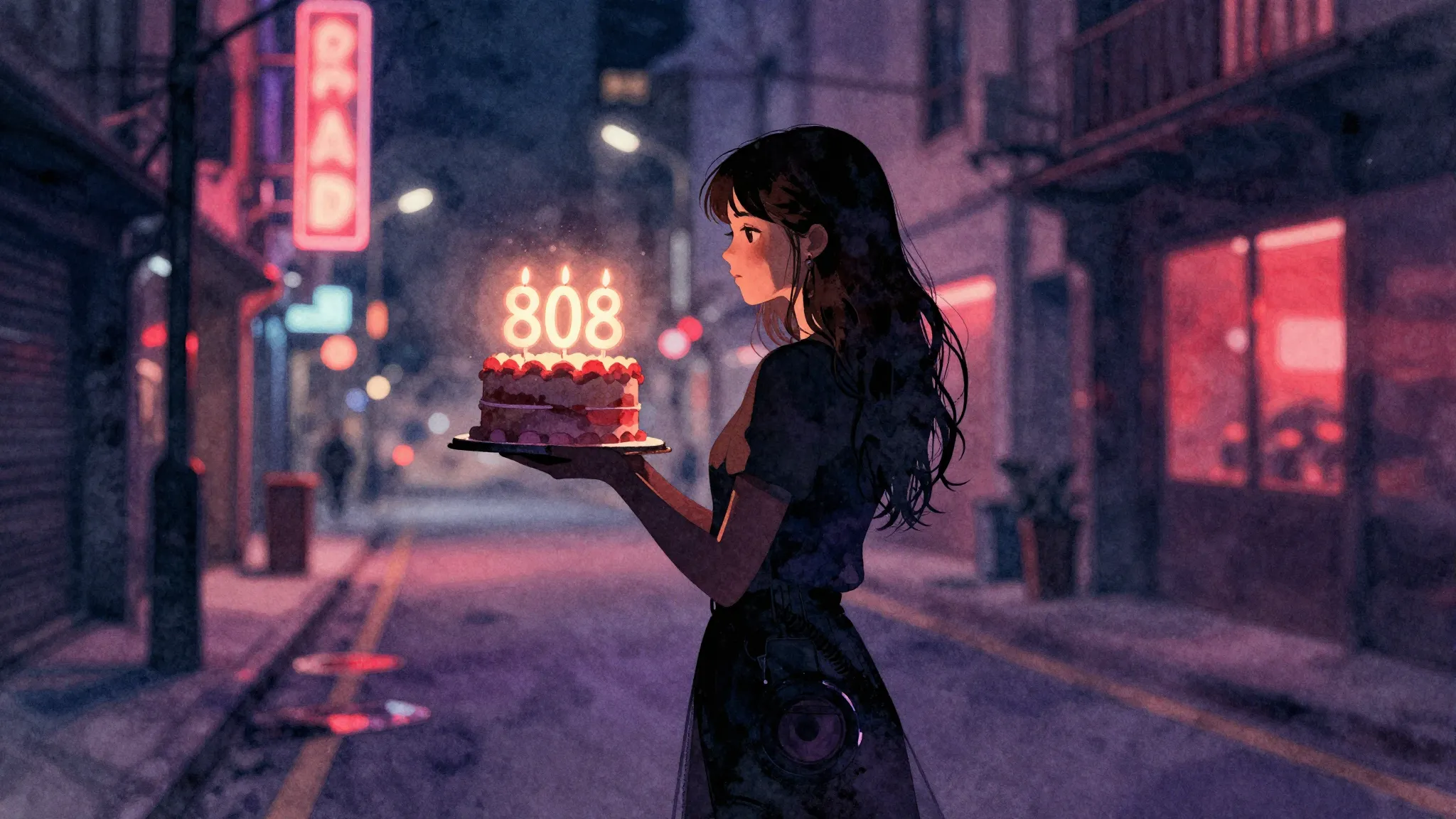 Watercolor style. Dark urban street at night, neon lights, s...