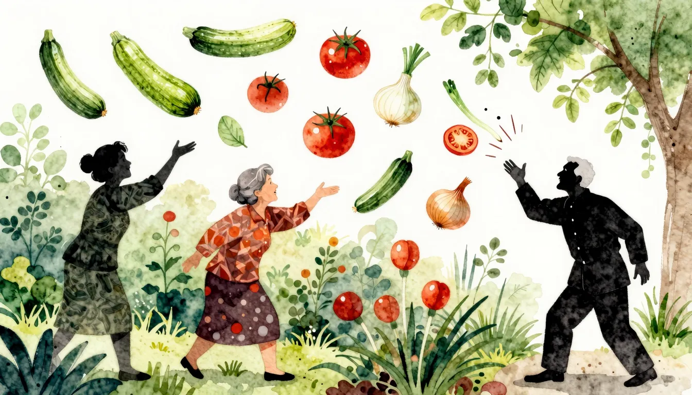 Watercolor style. A vibrant garden scene with flying vegetab...