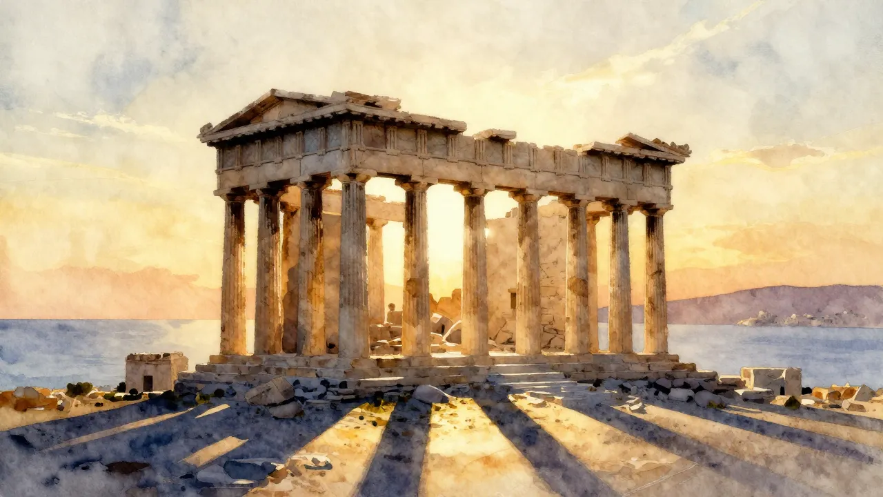 Watercolor style. A majestic ancient Greek city silhouette a...
