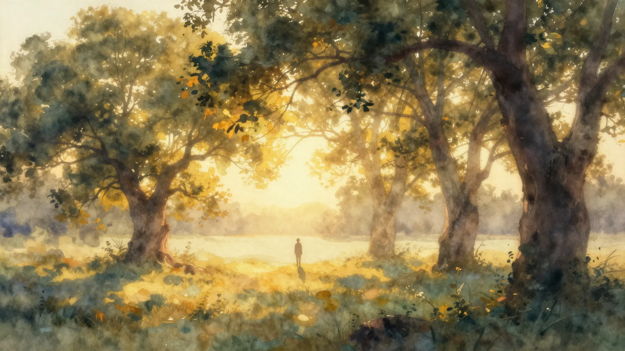 Vibrant watercolor style. A serene and ethereal landscape at...