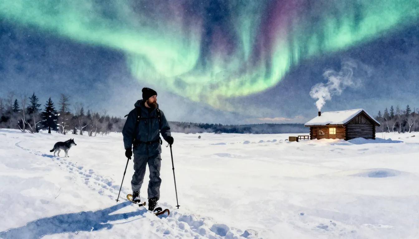 Watercolor style. A lone silhouette of a bearded man on snow...