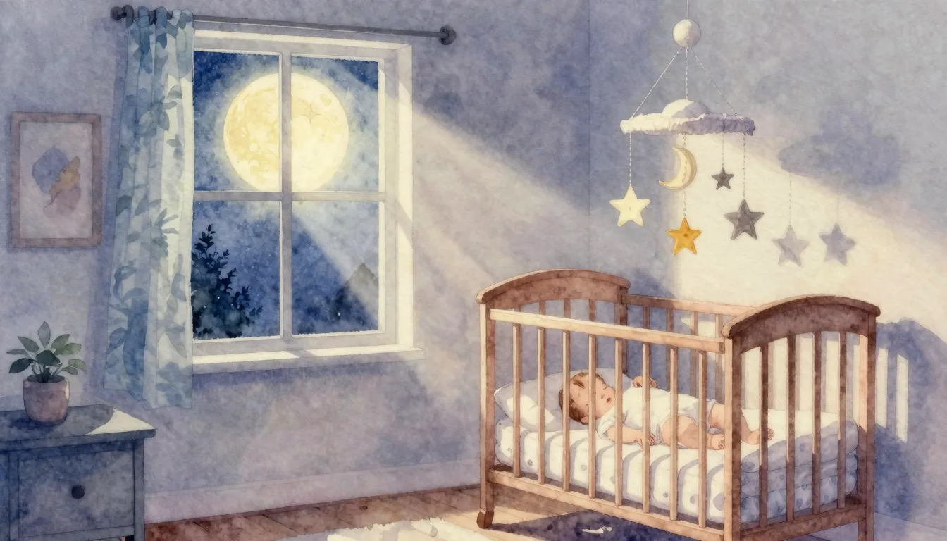 Watercolor style. A cozy nursery room at night, soft moonlig...