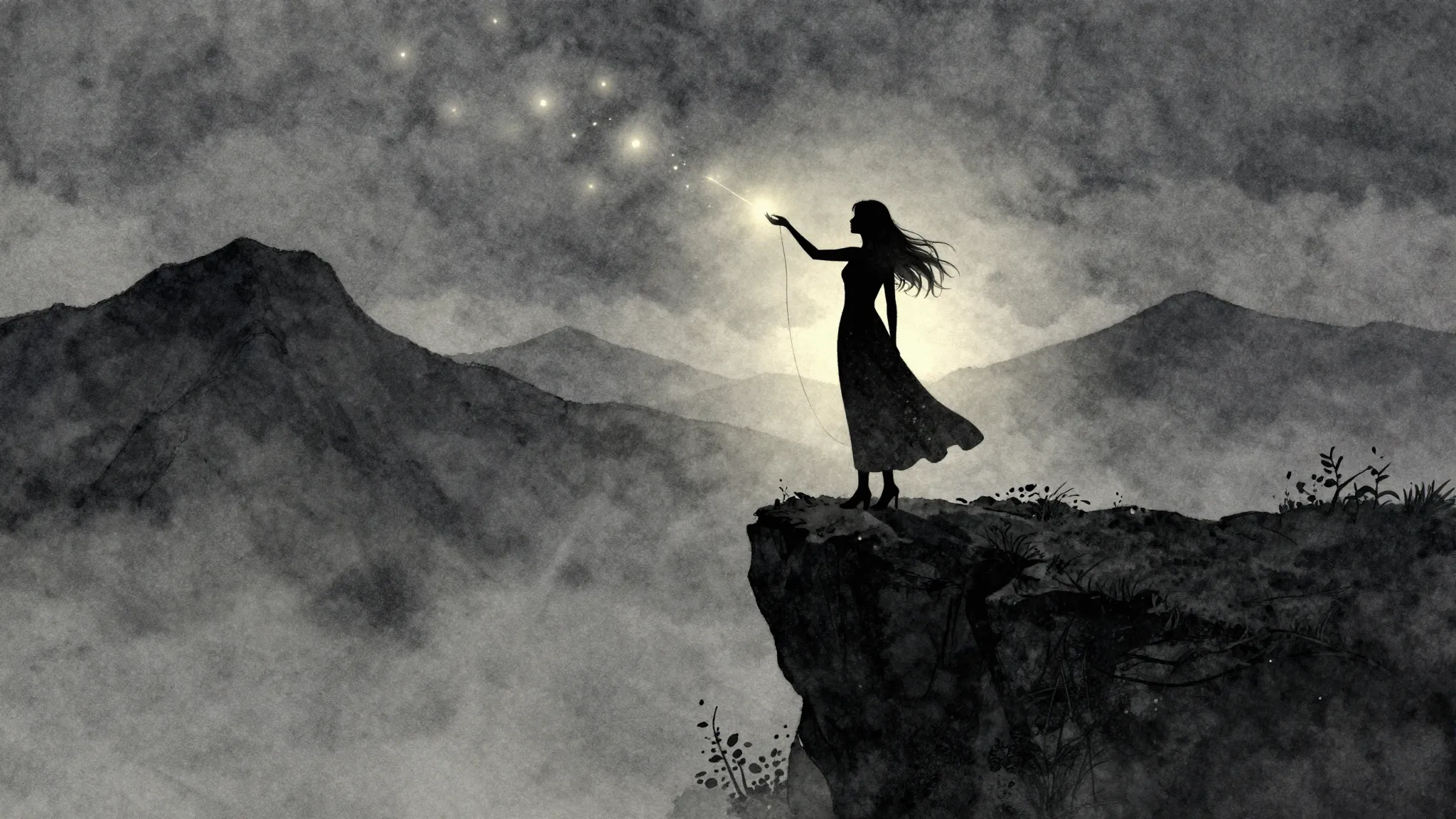 Watercolor style. Silhouette of a woman standing on a cliff ...