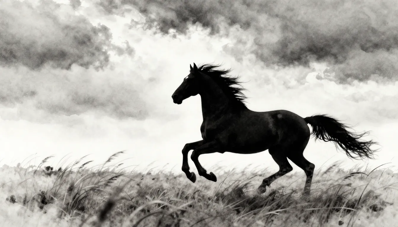 Watercolor style. A silhouette of a galloping horse in a vas...