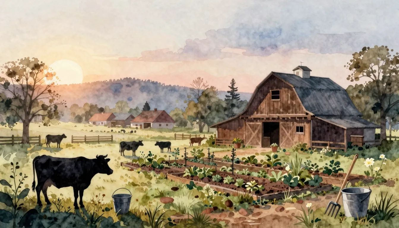 Watercolor style. A serene village landscape at dawn, silhou...