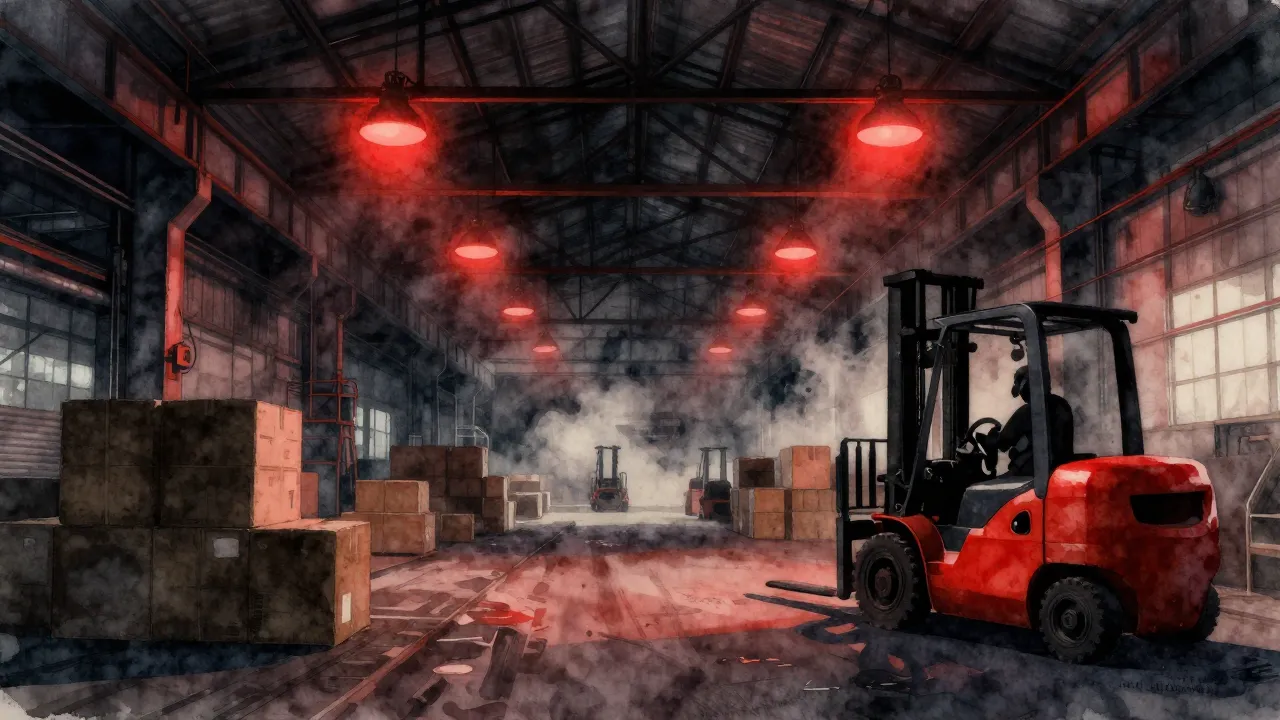 Watercolor style. Dark industrial warehouse interior, heavy ...