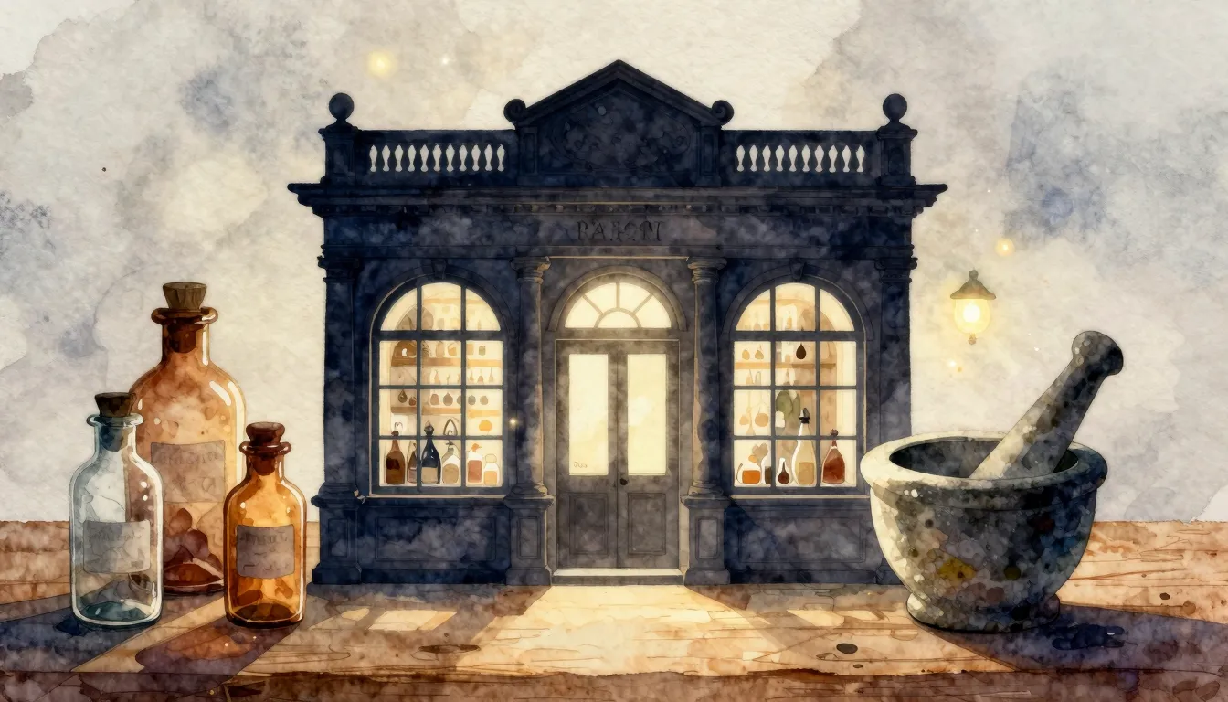 Watercolor style. Silhouette of an old pharmacy building, vi...