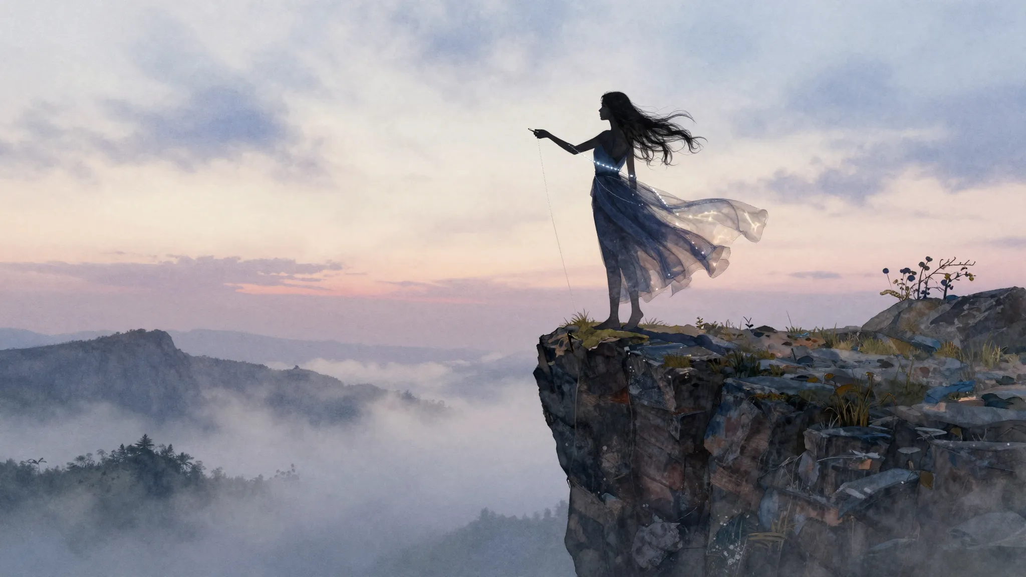 Watercolor style. Silhouette of a female figure standing on ...