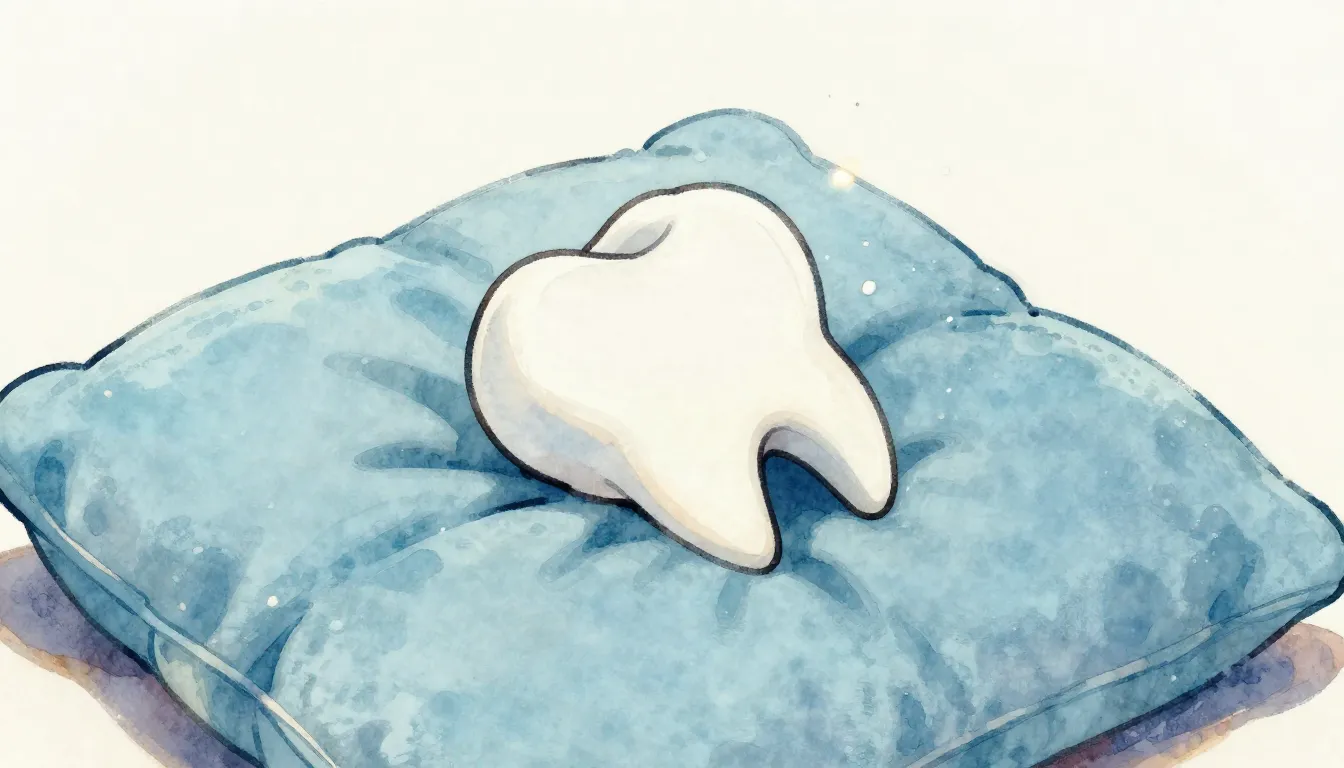 Watercolor style. A close-up of a small white tooth lying on...