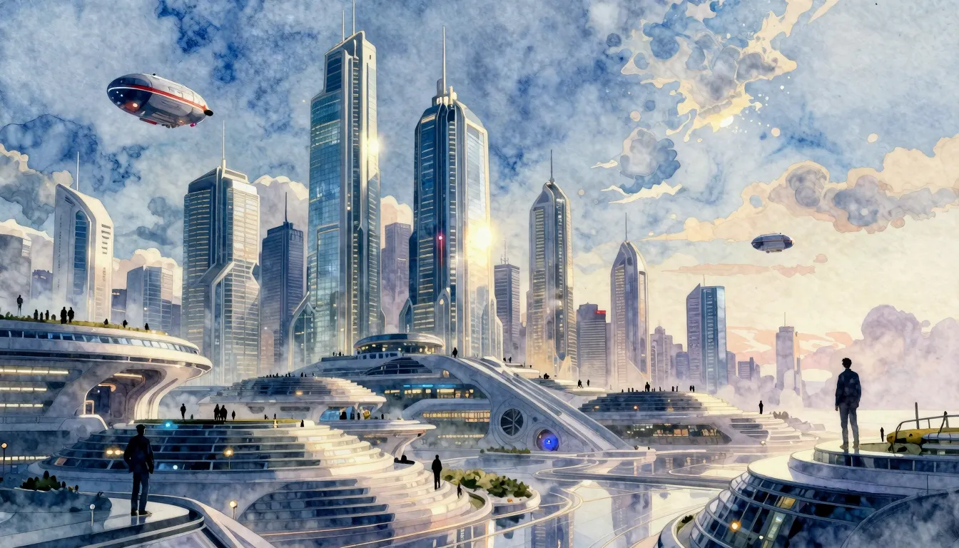 Watercolor style. Futuristic city 3000, stepped terraces, gl...