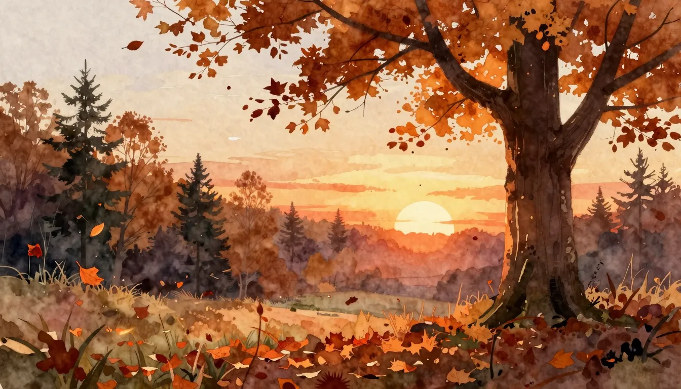 Watercolor style. Autumn forest landscape, falling leaves, w...