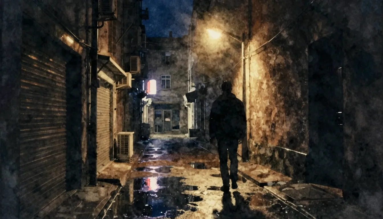 Watercolor style. A dark urban alleyway at night, neon light...