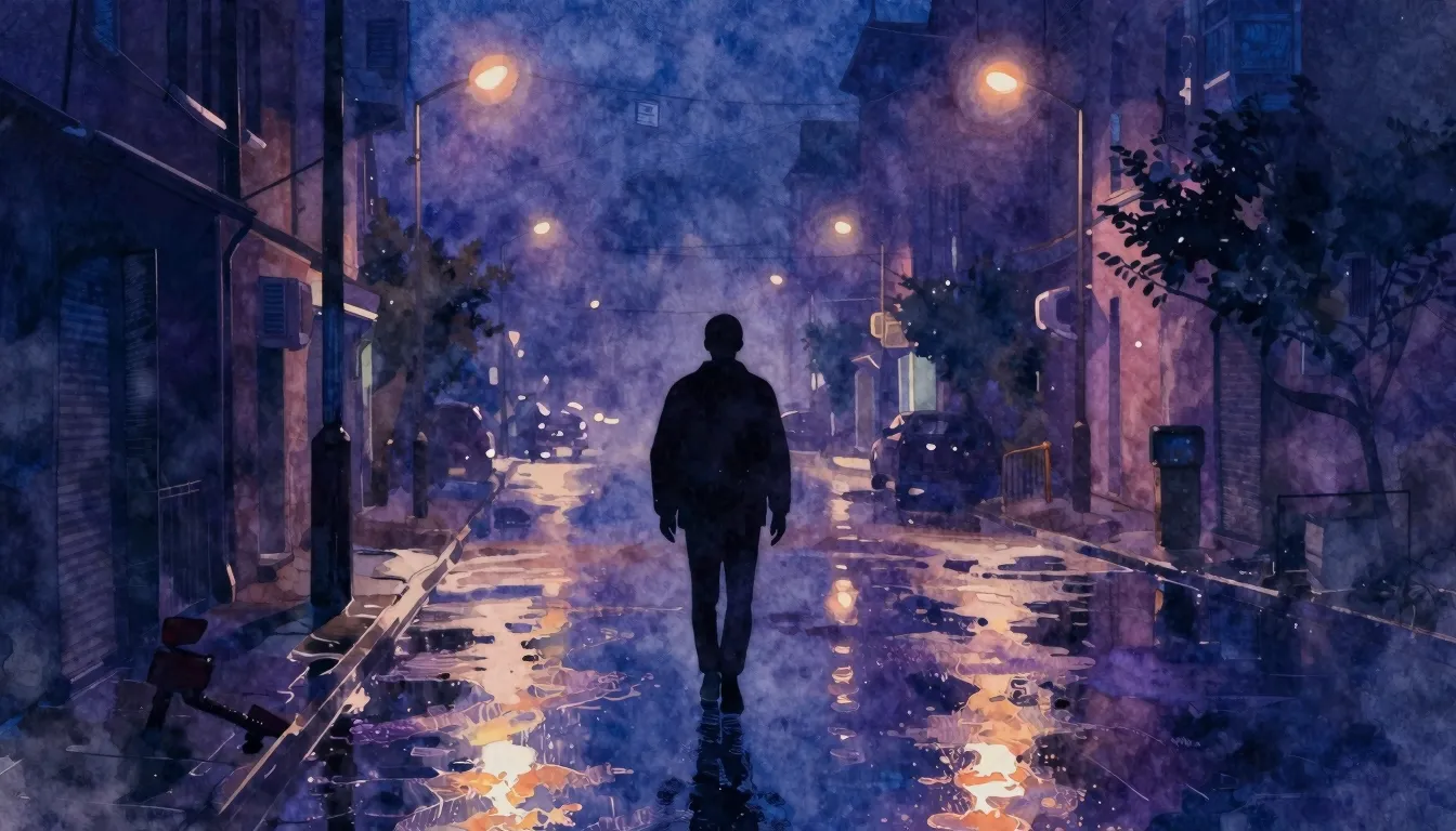 Vibrant watercolor style. A lonely silhouette walking down a...