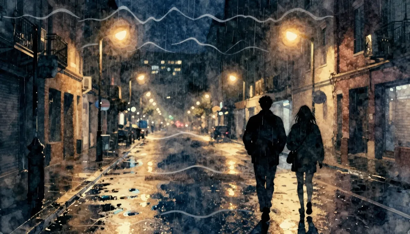 Watercolor style. A dark neon city street at night, glowing ...