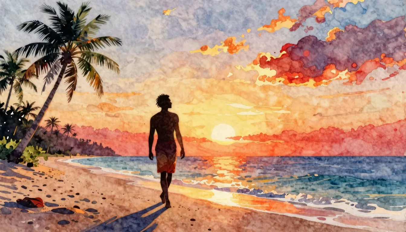 Vibrant watercolor style. Reggae music album cover, a silhou...
