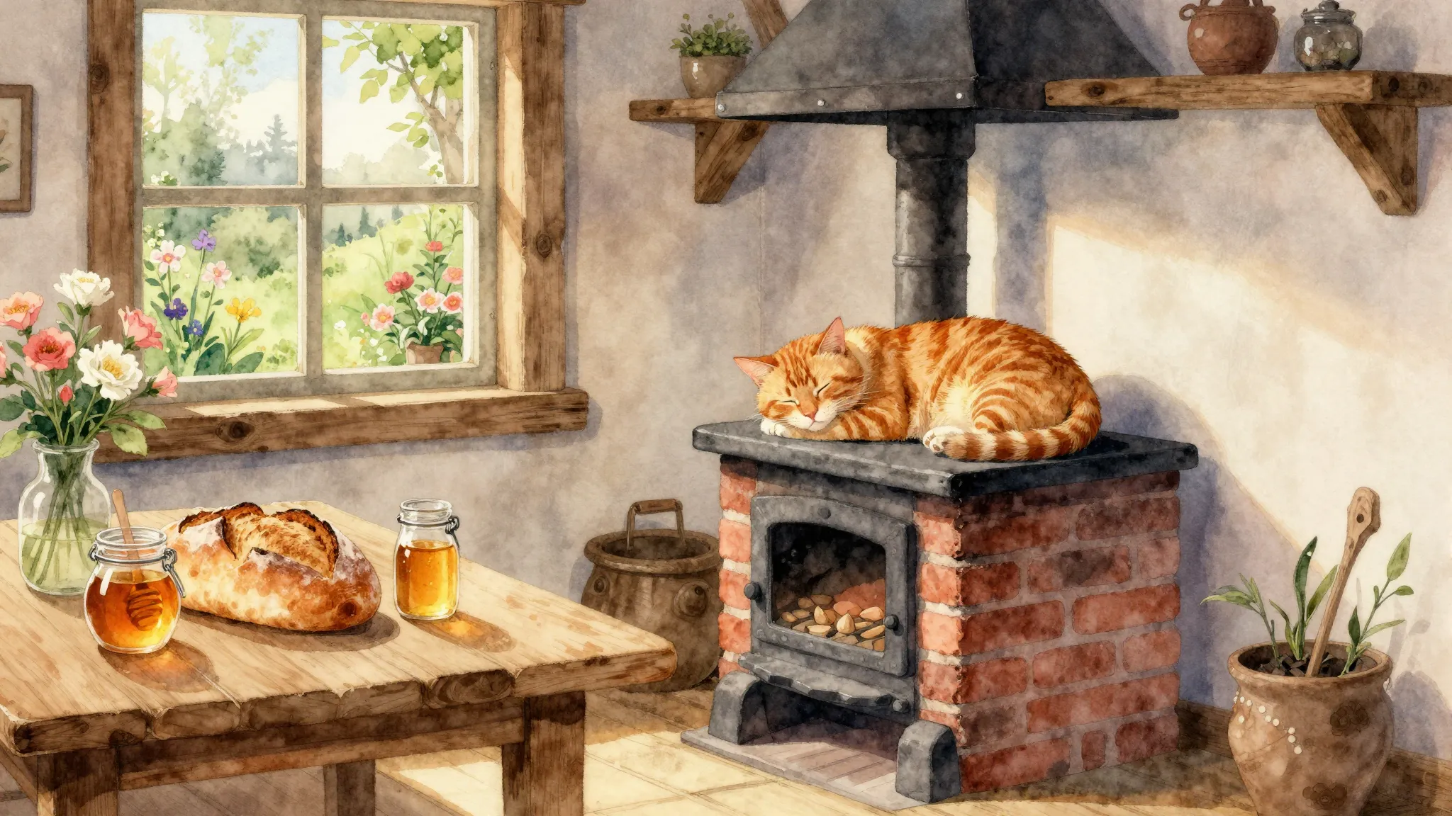 Watercolor style. A cozy low rustic house interior, blooming...