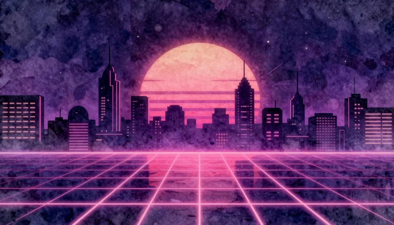 Watercolor style. Neon city landscape at night, glowing grid...