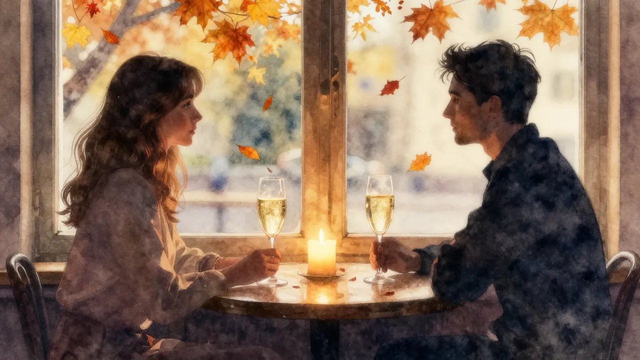 Watercolor style. A cozy cafe table by a window, two glowing...