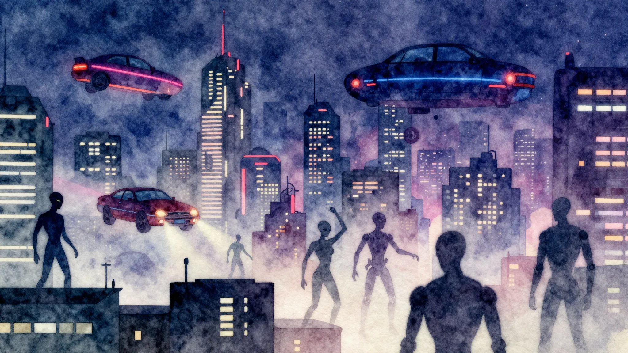 Watercolor style. A futuristic cityscape at night with flyin...
