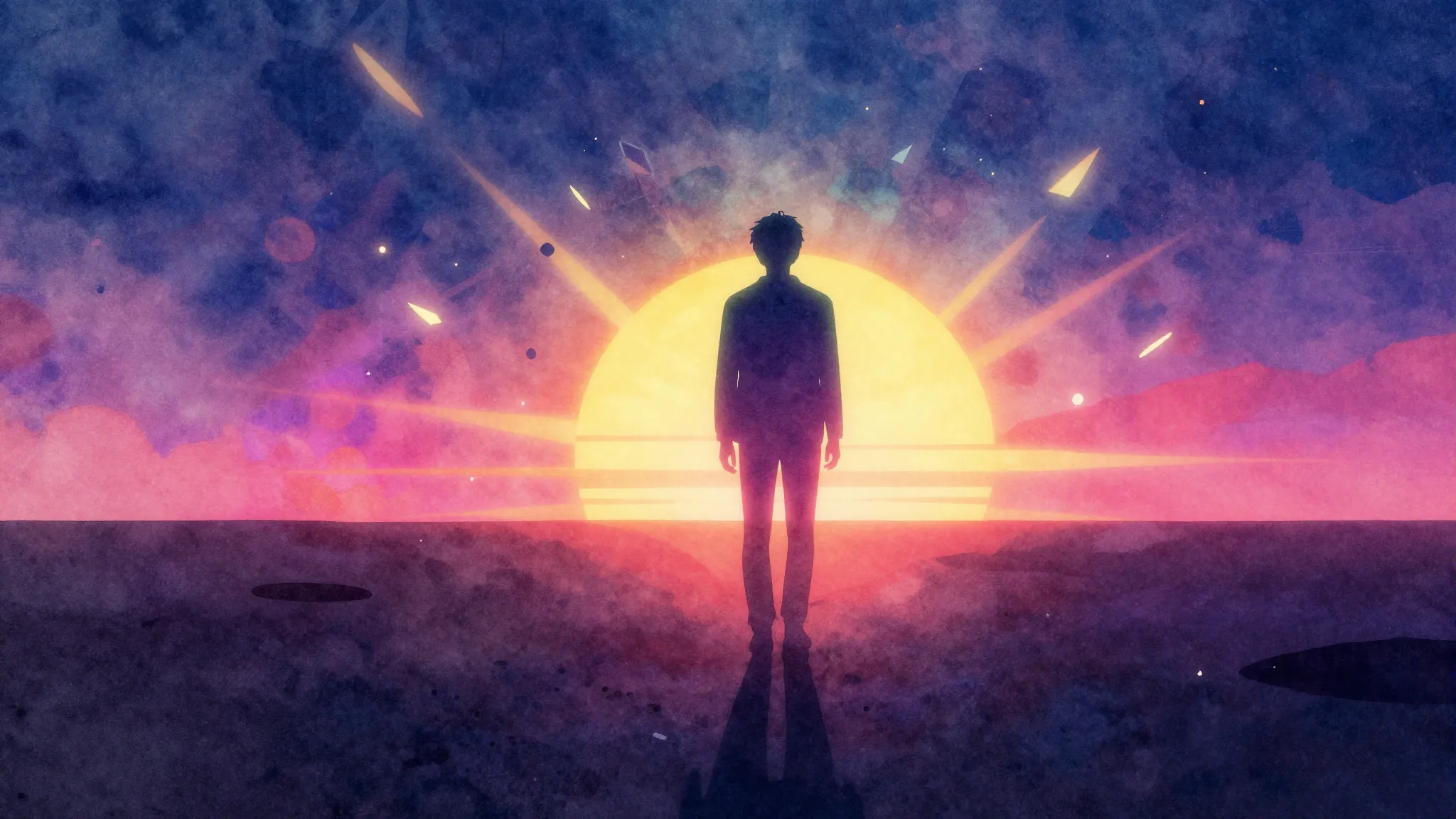 Vibrant watercolor style. Synthwave aesthetic, a glowing sil...