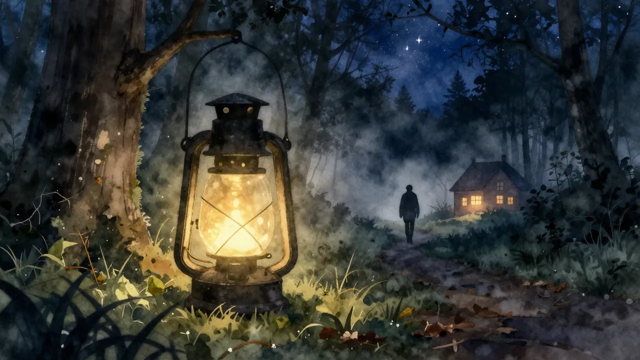 Watercolor style. A glowing lantern in a dark misty forest, ...