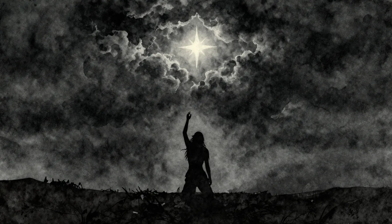 Watercolor style. A dark, desolate landscape with a single b...