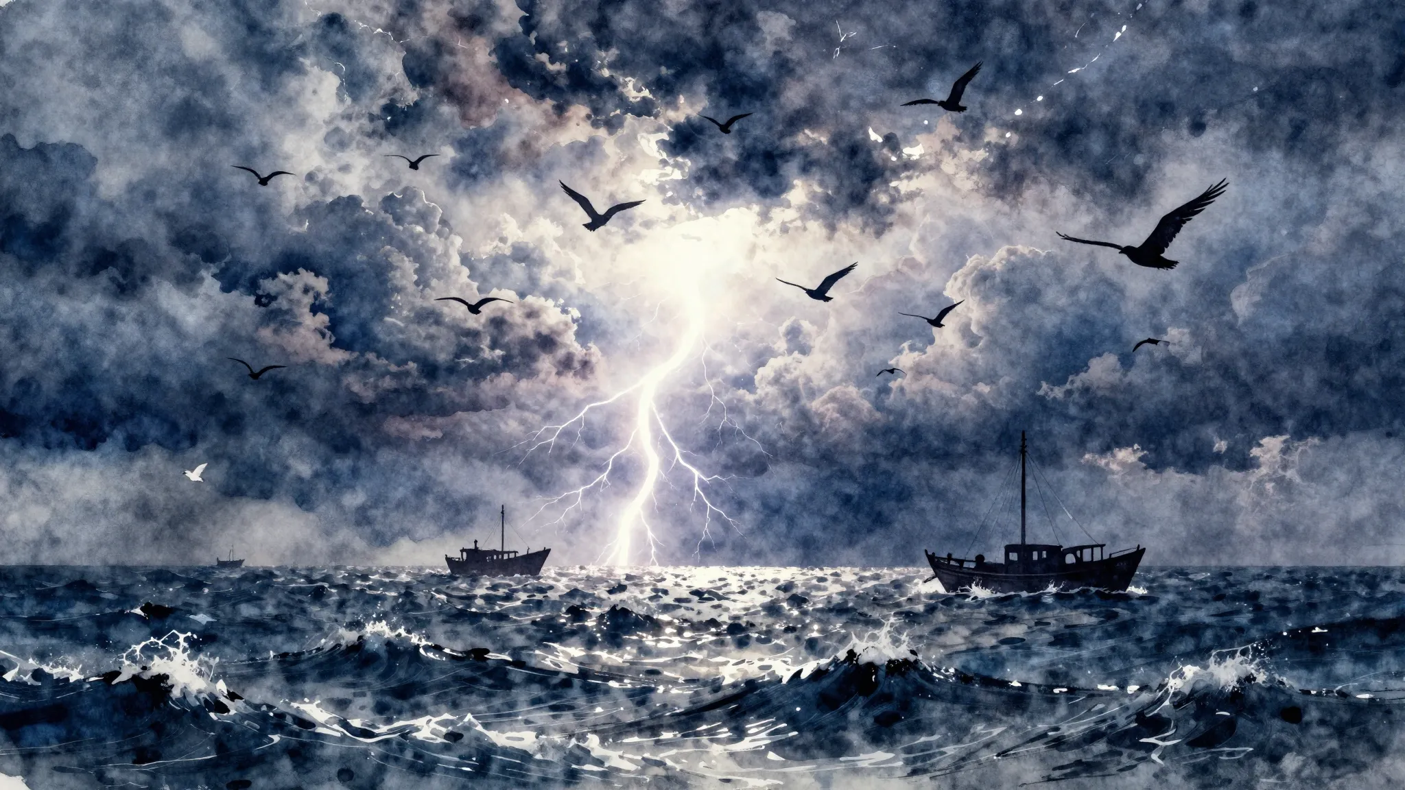 Watercolor style. Epic landscape with silhouettes of birds i...